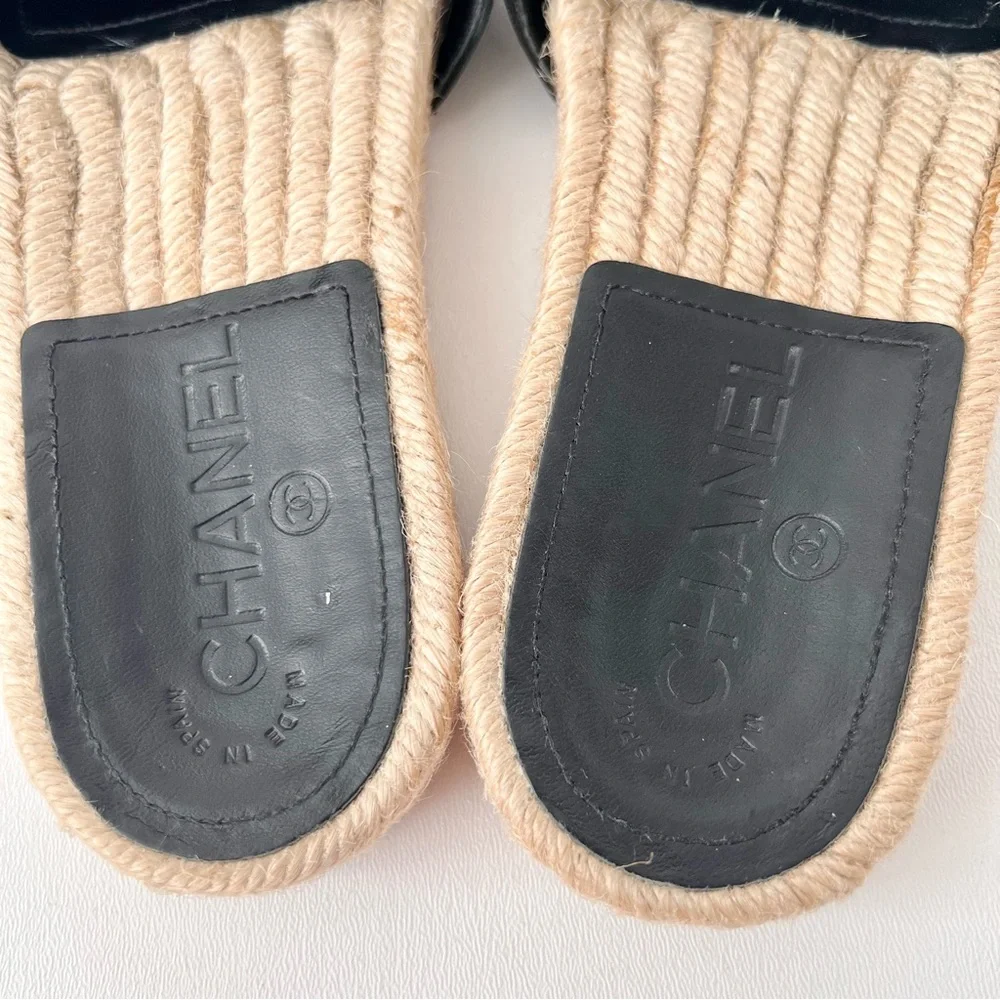 CHANEL | Pearl Embellished CC Logo Black Leather Espadrille Slide Sandals EU 37 - Picture 10 of 14